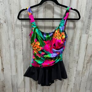 Vintage Robby Len 90s 80s Floral Neon One Piece Skirted Swim Suit Size Small
